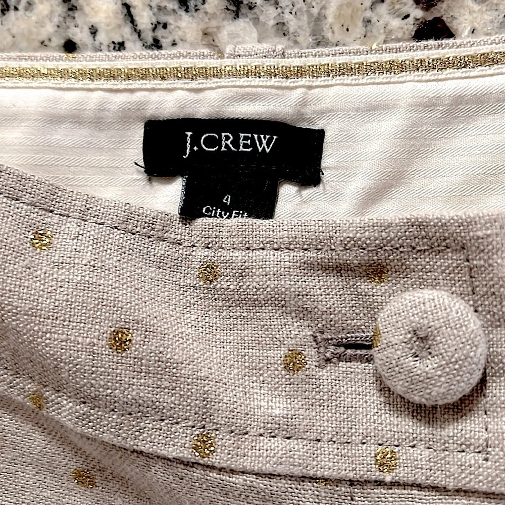 J Crew Beige Gold Sparkles 4 Pocket Mid Rise Cuff Linen Shorts Size 4 City Fit